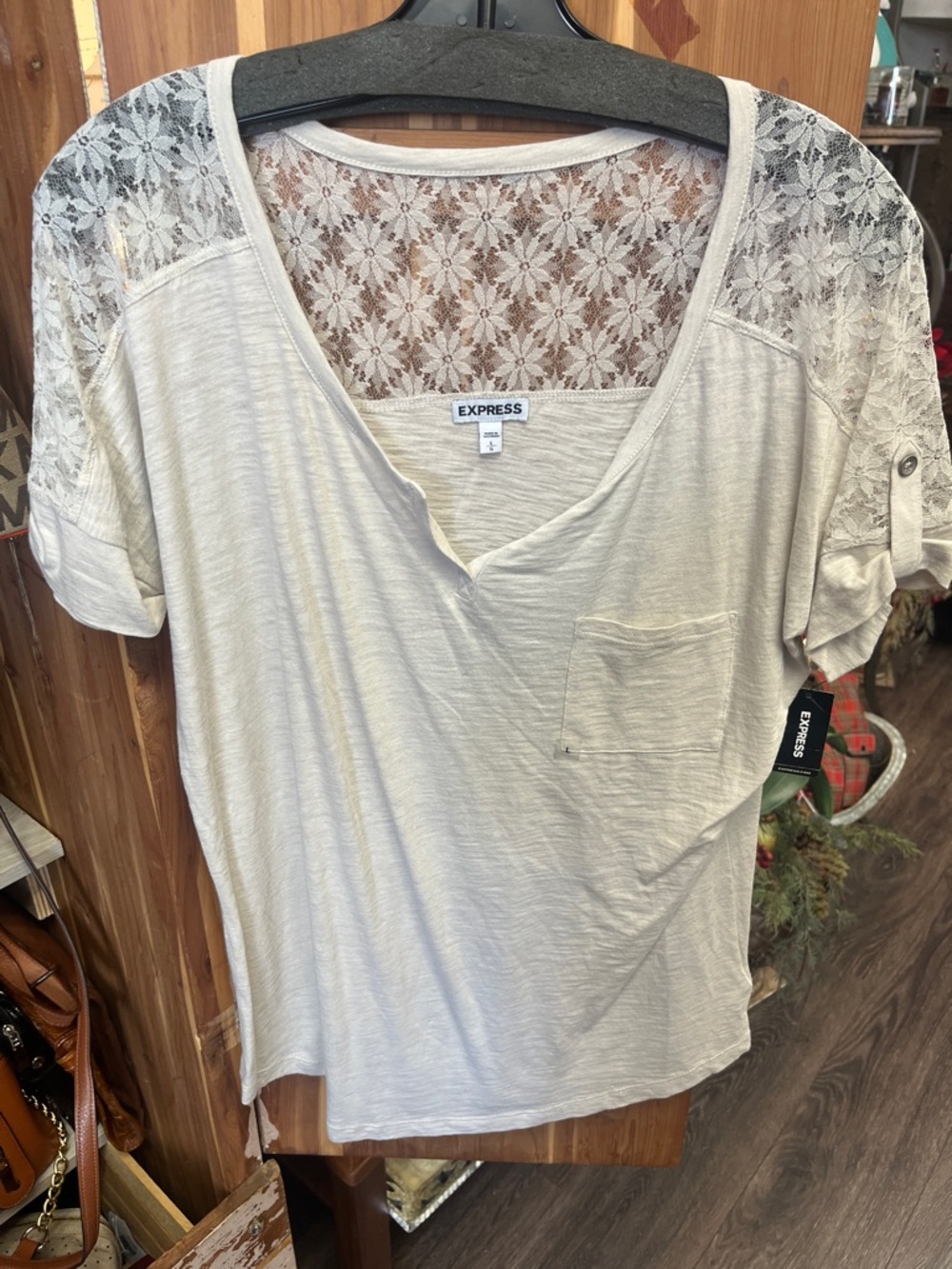 Express Women's Cream Lace-Back Short Sleeve Pocket Tee